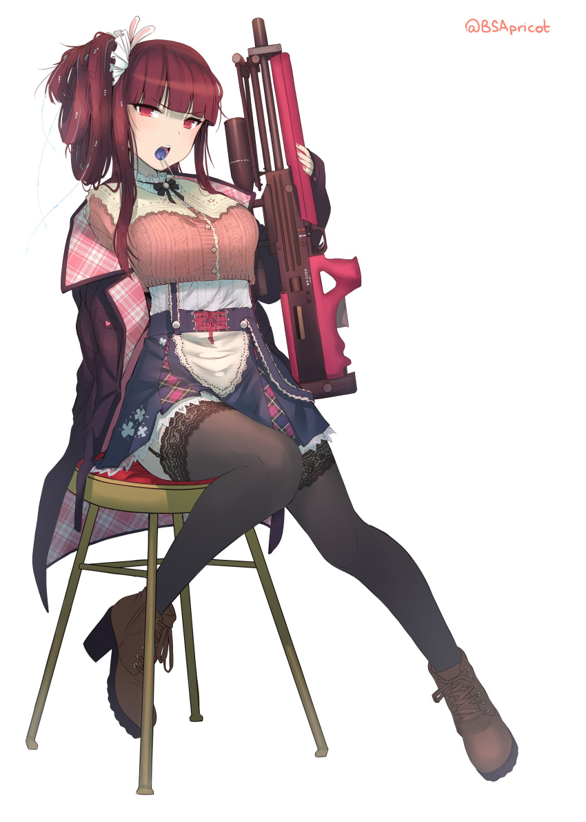 1girl absurdres alternate_costume alternate_hairstyle artist_name bench blouse bullpup candy danielle_brindle food food_in_mouth girls_frontline gun hair_ribbon highres lollipop purple_hair ribbon rifle sniper_rifle solo thigh-highs thigh_strap wa2000_(girls_frontline) walther walther_wa_2000 weapon