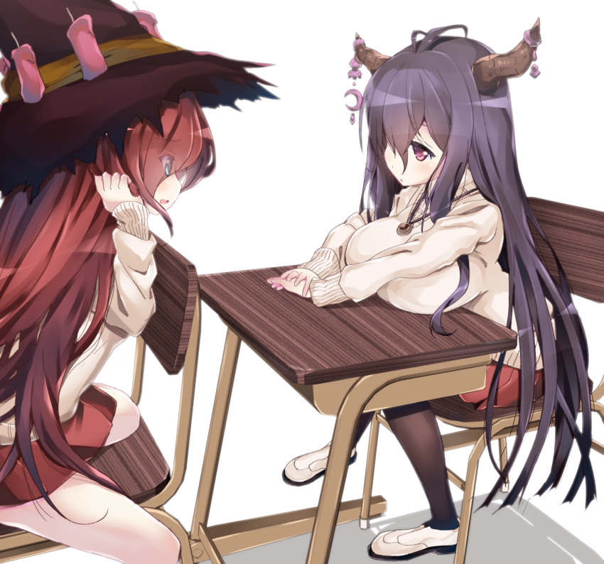 2girls ahoge alternate_costume anna_(granblue_fantasy) antenna_hair black_legwear breast_rest breasts commentary_request contemporary danua desk draph granblue_fantasy hair_between_eyes hat highres horn_ornament horns jewelry jitome large_breasts long_hair looking_at_another miniskirt multiple_girls open_mouth pantyhose pleated_skirt purple_hair red_eyes redhead school_desk school_uniform shiroie_mika sitting skirt small_breasts sweater tareme violet_eyes wavy_hair witch_hat