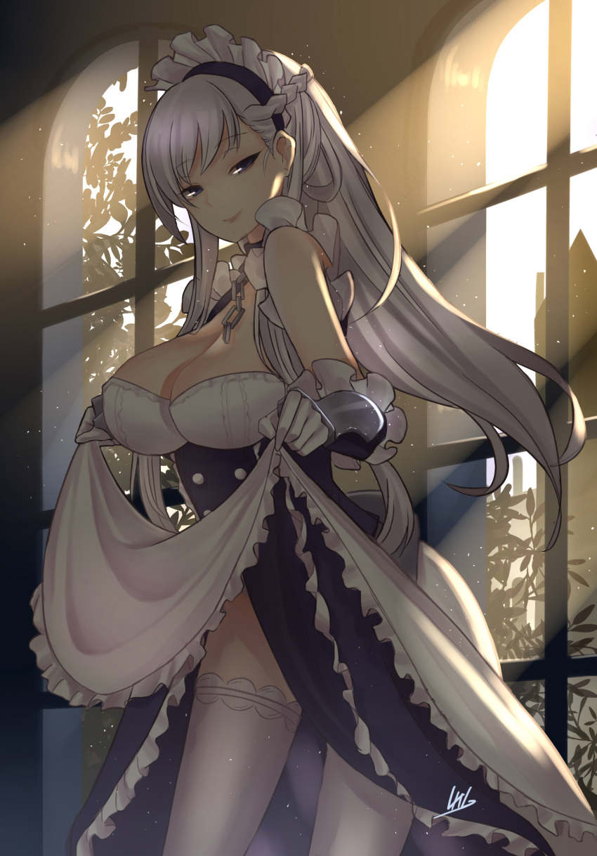 absurdres apron azur_lane belfast_(azur_lane) braid breasts chains cleavage french_braid frilled_apron frilled_gloves frills gloves highres large_breasts lrig maid maid_apron maid_headdress silver_hair waist_apron white_apron white_gloves white_hair