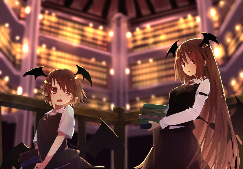 2girls :o bangs black_skirt black_vest blurry blurry_background book breasts commentary_request cowboy_shot demon_wings dual_persona futatsuki_eru head_wings holding holding_book indoors koakuma long_hair long_sleeves looking_at_viewer medium_breasts multiple_girls necktie open_mouth parted_lips railing red_eyes red_neckwear redhead shirt short_hair short_sleeves skirt skirt_set touhou very_long_hair vest white_shirt wings