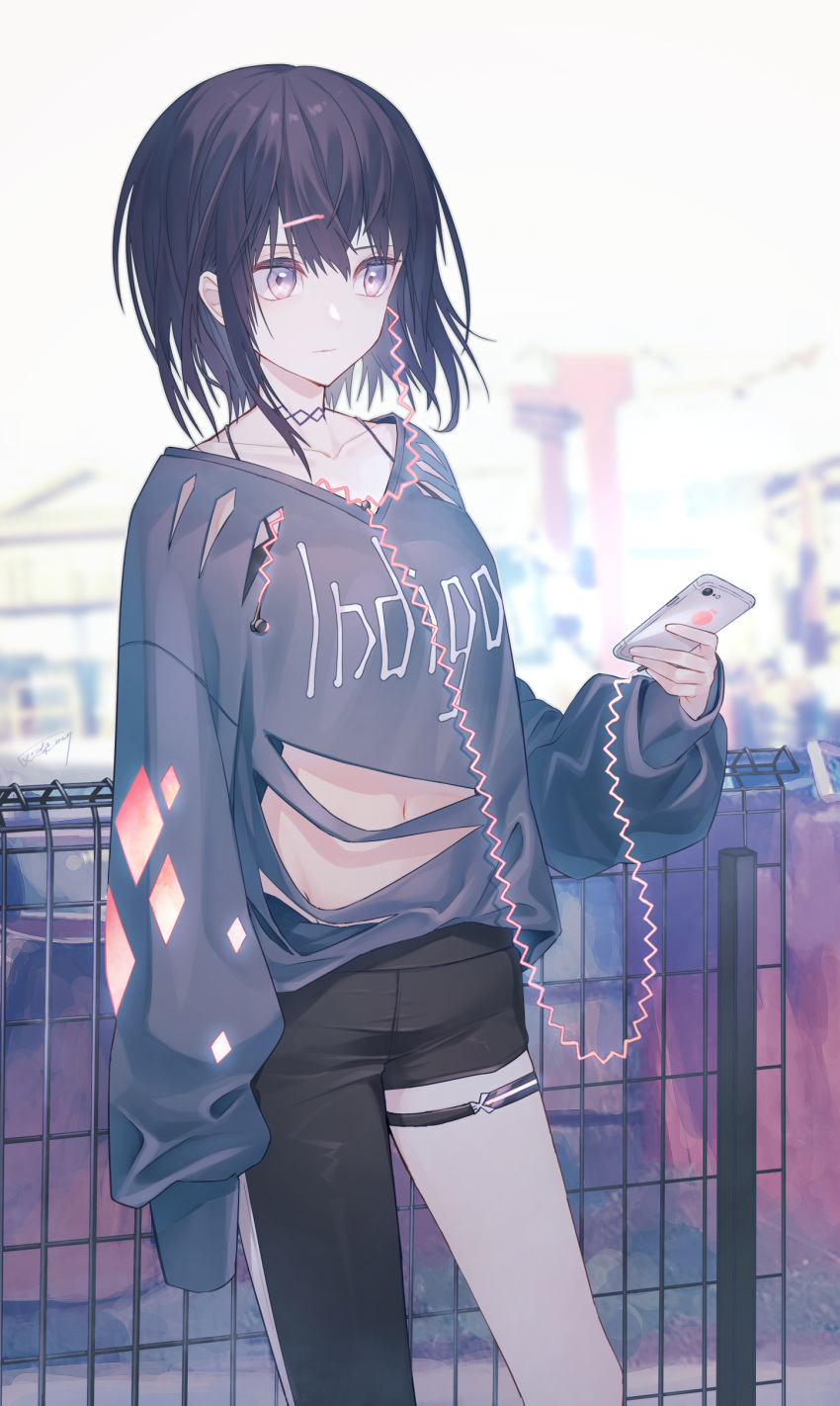1girl absurdres asymmetrical_clothes bangs black_hair black_pants blurry blurry_background breasts cable cellphone choker clothes_writing collarbone earphones fence groin hair_ornament hairclip haizome_senri highres holding holding_phone leaning_back long_sleeves looking_to_the_side midriff_peek navel original pants phone purple_shirt shirt short_hair sidelocks single_earphone_removed single_pantsleg sleeves_past_fingers sleeves_past_wrists small_breasts smartphone solo standing thigh_strap violet_eyes