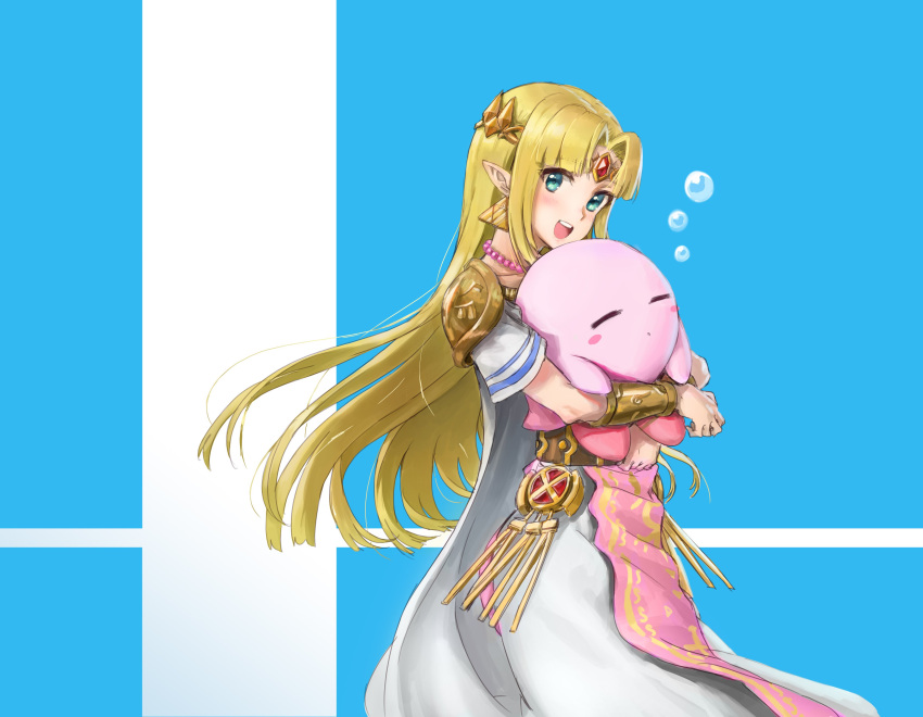 1girl absurdres athenawyrm blonde_hair blue_eyes bubble cape cute dress earrings fire_emblem gloves gown highres hoshi_no_kirby hug jewelry kirby long_hair nintendo open_mouth pointy_ears princess_zelda sleeping smile super_smash_bros. super_smash_bros._ultimate the_legend_of_zelda the_legend_of_zelda:_a_link_between_worlds tiara triforce