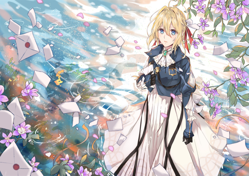 1girl ascot black_gloves blonde_hair blue_eyes dress from_above gloves hair_between_eyes hair_ribbon letter long_dress long_sleeves looking_up outdoors parted_lips red_ribbon ribbon sevens_(treefeather) solo standing violet_evergarden violet_evergarden_(character) white_dress white_neckwear