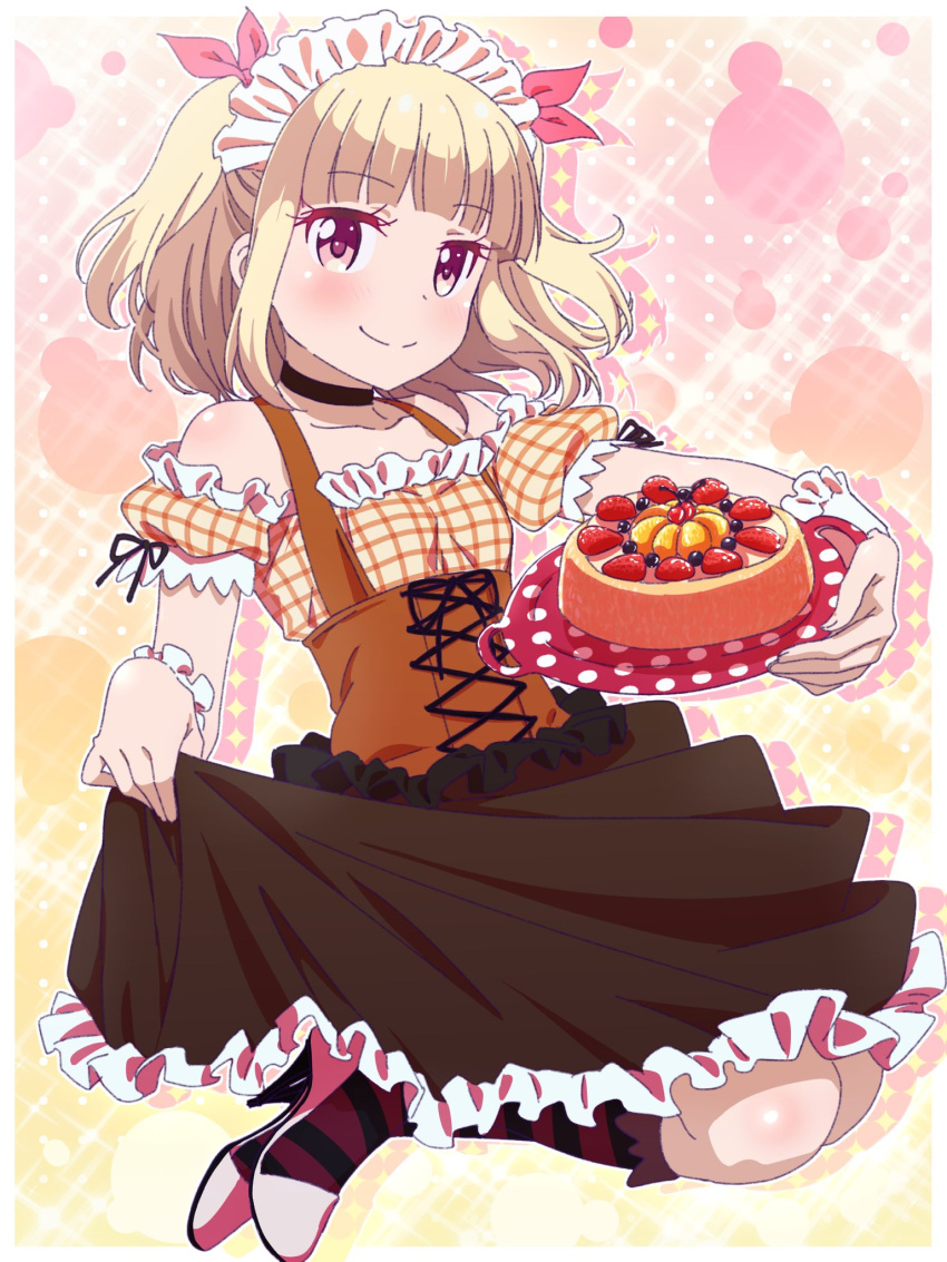 1girl bangs bare_shoulders black_ribbon blonde_hair blunt_bangs blush bow brown_skirt cake choker collarbone corset floating_hair food frilled_skirt frills full_body hair_bow high_heels highres holding holding_plate iijima_yun legs_up looking_at_viewer maid_headdress medium_skirt new_game! off-shoulder_shirt orange_shirt pink_bow pink_x plate pumps red_eyes ribbon shiny shiny_skin shirt short_sleeves skirt skirt_hold smile solo striped striped_legwear wrist_cuffs