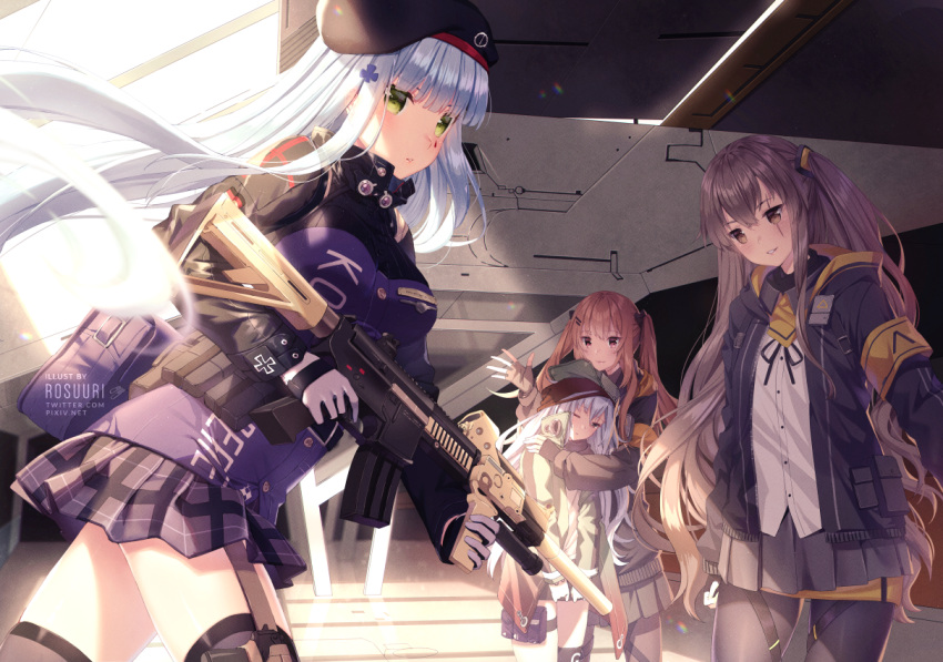 404_(girls_frontline) 4girls ammunition ammunition_belt armband assault_rifle bangs beret black_hat black_legwear blunt_bangs blush breasts brown_eyes brown_hair closed_mouth commentary cowboy_shot eyebrows_visible_through_hair finger_on_trigger flat_cap g11_(girls_frontline) girls_frontline gloves green_eyes gun hair_between_eyes hair_ornament hat heckler_&amp;_koch hk416 hk416_(girls_frontline) holding holding_gun holding_weapon jacket large_breasts long_hair long_sleeves looking_at_viewer miniskirt multiple_girls one_eye_closed one_side_up pantyhose parted_lips plaid plaid_skirt pleated_skirt rifle rosuuri scar scar_across_eye silver_hair skirt solo standing strap_gap thigh-highs thigh_strap ump45_(girls_frontline) ump9_(girls_frontline) very_long_hair weapon zettai_ryouiki