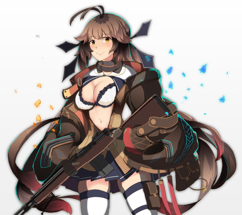 1girl absurdres antenna_hair bag baggy_clothes bangs battle_rifle black_ribbon black_skirt blazer blush bra breasts brown_hair brown_jacket closed_mouth coat cowboy_shot girls_frontline gradient_hair gun hair_ribbon highres holding holding_gun holding_weapon jacket light_particles lingerie long_hair looking_at_viewer lsheng m14 m14_(girls_frontline) medium_breasts mod3_(girls_frontline) multicolored_hair navel neck_ribbon off_shoulder open_clothes open_coat pleated_skirt pouch redhead ribbon rifle shirt shoes sidelocks skindentation skirt sleeves_past_wrists smile solo stomach thigh-highs thigh_strap transparent_background twintails two-tone_hair underwear very_long_hair weapon white_bra white_legwear yellow_eyes zettai_ryouiki
