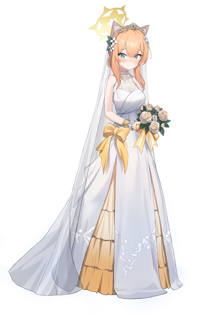 1girl absurdres alternate_costume animal_ears bare_shoulders blue_eyes blush bouquet breasts cat_ears cat_girl dress full_body hair_between_eyes halo highres holding holding_bouquet layered_dress loloco long_hair looking_at_viewer mari_(blue_archive) medium_breasts orange_hair see-through sleeveless sleeveless_dress smile solo standing two-tone_dress veil wedding_dress