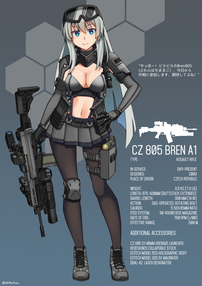 1girl black-framed_eyewear blue_background blue_eyes boots breasts cleavage cleavage_cutout commentary_request cz-805 cz-805_(girls_frontline) eyebrows_visible_through_hair fingerless_gloves girls_frontline gloves goggles goggles_on_head grenade_launcher grey_hair grey_skirt gun high_heels highres holding holding_gun holding_weapon knee_pads long_hair looking_at_viewer medium_breasts navel ndtwofives pantyhose patterned_background skirt smile solo standing thigh_strap title weapon white_hair