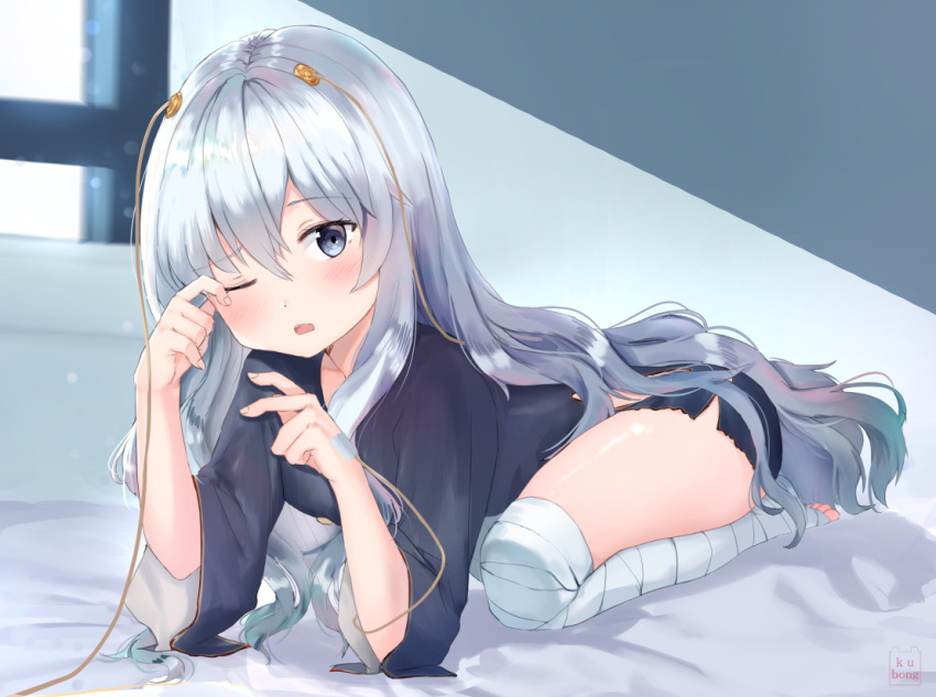 1girl bandage bandaged_leg bandages bangs bed_sheet black_dress blush day dress eyebrows_visible_through_hair fingernails girls_frontline hair_between_eyes hair_ornament hands_up head_tilt kubong long_hair long_sleeves looking_at_viewer no_shoes one_eye_closed open_mouth ribeyrolles_1918_(girls_frontline) rubbing_eyes silver_hair solo sunlight torn_clothes torn_dress very_long_hair wide_sleeves window