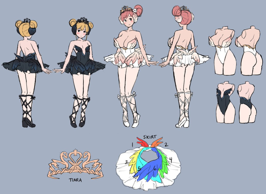 2girls bare_shoulders blonde_hair breasts character_sheet cleavage closed_mouth collarbone dead_or_alive double_bun full_body honoka_(doa) junkpuyo large_breasts long_hair marie_rose multiple_girls pantyhose pink_hair short_hair simple_background small_breasts smile tiara