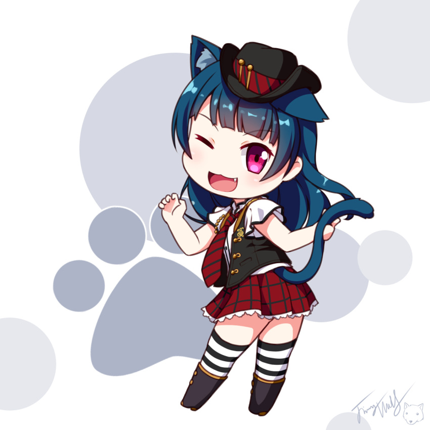 1girl ;d animal_ear_fluff animal_ears bangs black_footwear black_hat black_vest blue_hair blush boots cat_ears cat_girl cat_tail chibi cowboy_hat eyebrows_visible_through_hair hands_up hat head_tilt highres kemonomimi_mode knee_boots langbazi long_hair looking_at_viewer looking_back love_live! love_live!_sunshine!! one_eye_closed open_clothes open_mouth open_vest pleated_skirt red_skirt shirt short_sleeves signature skirt smile solo striped striped_legwear tail tail_raised thigh-highs thighhighs_under_boots tsushima_yoshiko v-shaped_eyebrows vest violet_eyes white_shirt