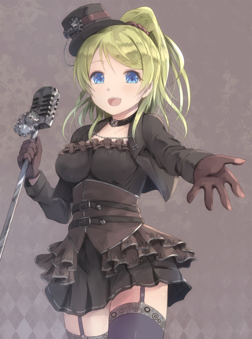 1girl :d argyle argyle_background ayase_eli bangs black_choker black_hat black_jacket black_shirt black_skirt blue_eyes blush breasts brown_background brown_gloves brown_scrunchie choker commentary cropped_jacket english_commentary eyebrows_visible_through_hair frilled_shirt frills garter_straps gears gloves green_hair grey_legwear hair_ornament hair_scrunchie hat high_ponytail highres hikari_niji holding jacket long_hair long_sleeves looking_at_viewer love_live! love_live!_school_idol_project medium_breasts microphone mini_hat mini_top_hat open_mouth pleated_skirt ponytail scrunchie shirt skirt sleeves_past_wrists smile solo steampunk swept_bangs thigh-highs tilted_headwear top_hat upper_teeth