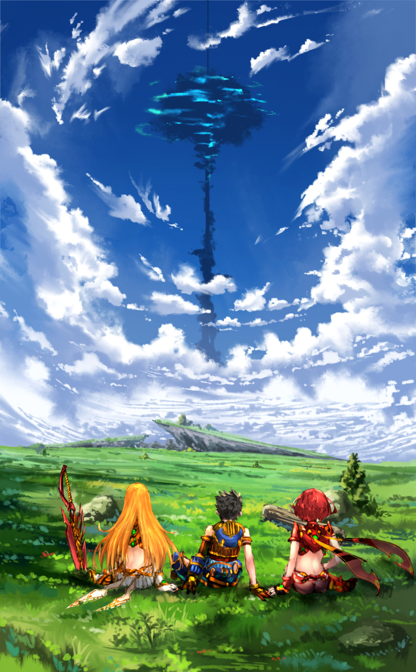1boy 2girls absurdres arm_at_side arm_support armlet ass blonde_hair blue_sky brown_gloves brown_hair bush clouds commentary_request day field from_behind gloves grass highres mythra_(xenoblade) pyra_(xenoblade) long_hair multiple_girls nintendo planted_sword planted_weapon poteto_(potetosarada123) redhead rex_(xenoblade_2) rock scenery shirt short_hair sitting skirt sky sword touching tree very_long_hair weapon white_shirt xenoblade_(series) xenoblade_2