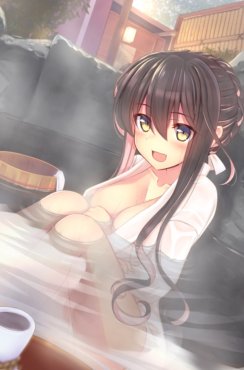 1girl :d absurdres bangs blurry blurry_foreground blush braid breasts brown_eyes brown_hair cleavage collarbone commentary_request day depth_of_field dutch_angle eyebrows_visible_through_hair fang hair_between_eyes hair_ribbon highres kantai_collection knees_up lantern large_breasts long_hair multicolored_hair murasame_shia naganami_(kantai_collection) onsen open_mouth outdoors partially_submerged pink_hair ribbon sidelocks sitting smile solo two-tone_hair very_long_hair water white_ribbon