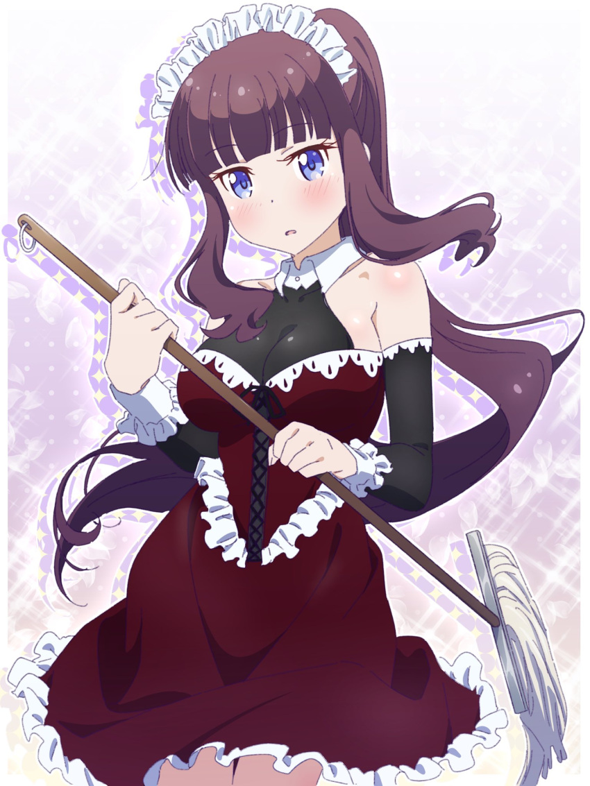 1girl alternate_costume black_ribbon black_sleeves blue_eyes blush breasts broom brown_hair cleavage collarbone cowboy_shot detached_sleeves enmaided eyebrows_visible_through_hair floating_hair formal frilled_shirt frilled_skirt frilled_sleeves frills highres holding holding_broom long_hair long_sleeves looking_at_viewer maid maid_headdress medium_breasts medium_skirt new_game! open_mouth pink_x ponytail red_skirt ribbon shiny shiny_skin shirt sidelocks skirt skirt_suit sleeveless sleeveless_shirt solo standing suit takimoto_hifumi very_long_hair white_background