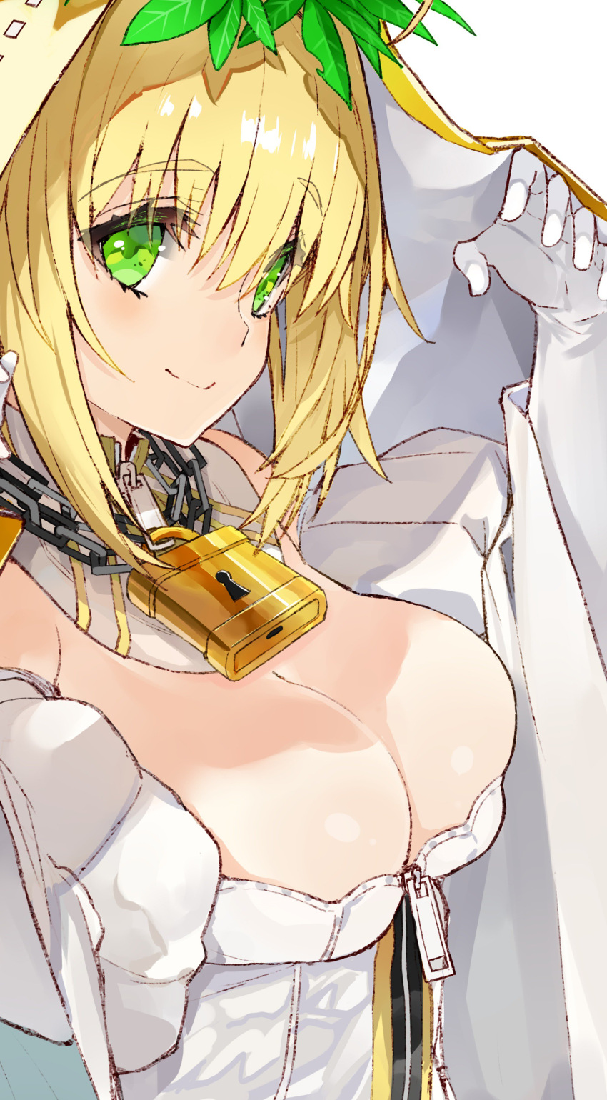1girl absurdres bangs bare_shoulders blush breasts bridal_veil chains cleavage closed_mouth detached_collar dress elbow_gloves fate/extra fate/extra_ccc fate_(series) gloves hair_between_eyes hair_intakes hands_up head_wreath highres kou_mashiro large_breasts lock long_hair looking_at_viewer nero_claudius_(bride)_(fate) nero_claudius_(fate)_(all) padlock puffy_sleeves simple_background smile solo veil white_background white_dress white_gloves zipper