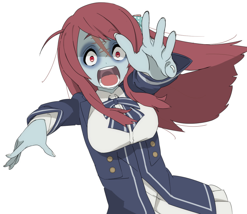 1girl ahoge bandage bow eyebrows_visible_through_hair forehead_scar hair_bow hair_ornament long_hair minamoto_sakura open_mouth outstretched_arms pettan polka_dot red_eyes redhead school_uniform solo zombie zombie_land_saga zombie_pose