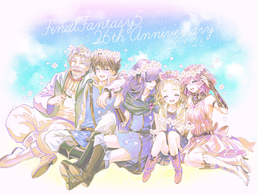 2018 2boys 3girls :d ^_^ anniversary arm_around_shoulder armlet bangs beard blonde_hair blush boots bow bracer breasts bridal_gauntlets brown_footwear brown_hair butz_klauser closed_eyes closed_eyes cursive dated dress earrings facial_hair faris_scherwiz final_fantasy final_fantasy_v flower galuf_halm_baldesion gem grandfather_and_granddaughter hair_between_eyes hair_bow head_wreath highres holding holding_flower jewelry krile_mayer_baldesion lenna_charlotte_tycoon long_hair long_sleeves medium_breasts multiple_boys multiple_girls no_bra old_man open_mouth orange_dress pink_bow pink_hair ponytail purple_hair short_hair siblings sideboob silver_hair sisters sitting sleeveless sleeveless_dress smile takatora teeth white_flower white_footwear