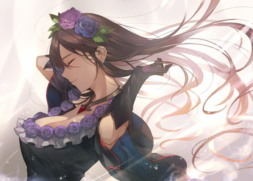 1girl bare_shoulders breasts brown_hair cleavage closed_eyes dress flower gloves granblue_fantasy hair_flower hair_ornament jewelry kakage large_breasts long_hair necklace rose rosetta_(granblue_fantasy) short_sleeves smile solo