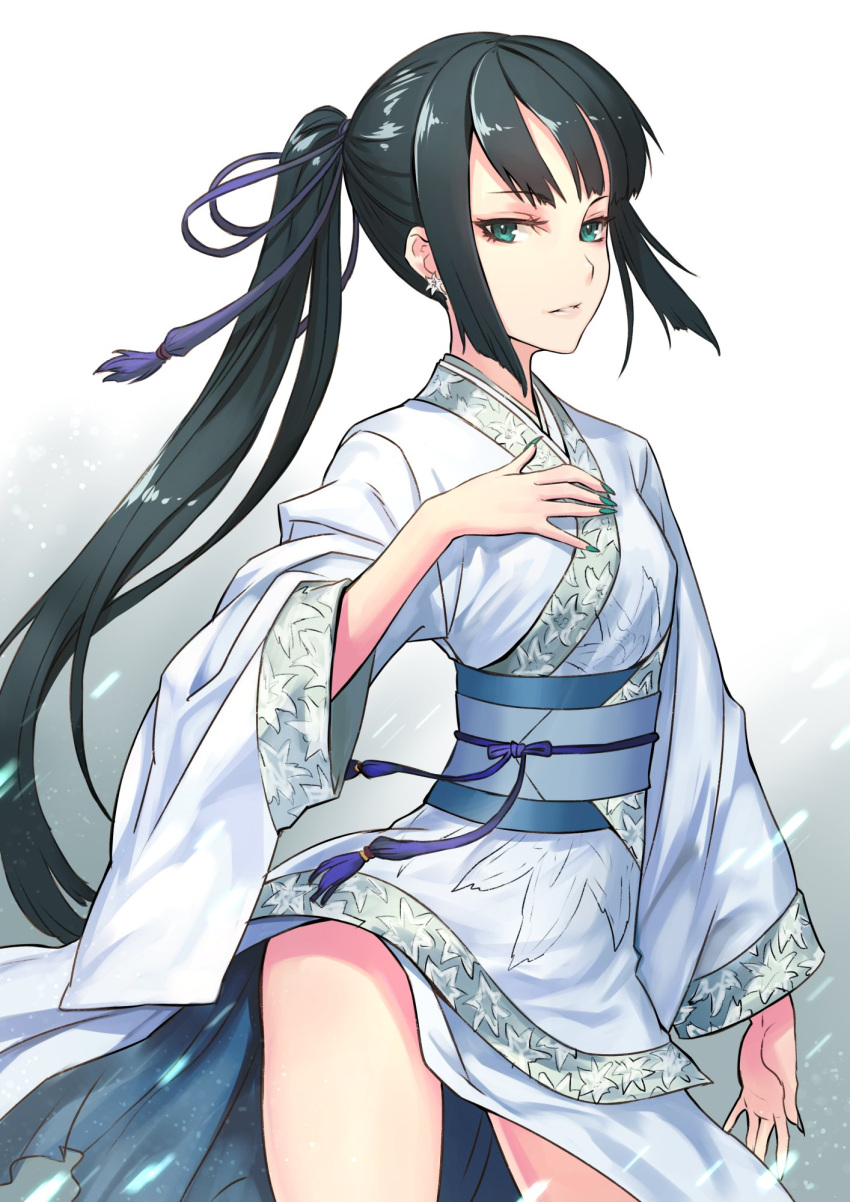 1girl black_hair earrings fate/grand_order fate_(series) fingernails flower_earrings green_eyes green_nails highres japanese_clothes jewelry jing_ke_(fate/grand_order) kimono long_fingernails long_hair nail_polish ninnin_(shishitou) obi sash side_ponytail