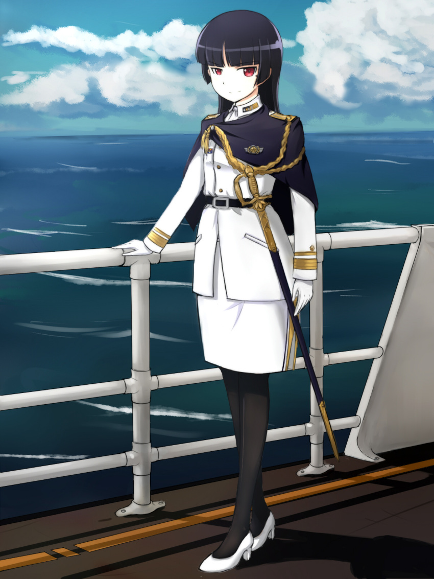 1girl badge belt black_hair clouds cloudy_sky cosplay electricdipole female_admiral_(kantai_collection) gloves gokou_ruri high_heels highres hime_cut kantai_collection leggings long_hair military military_uniform mole mole_under_eye naval_uniform ocean ore_no_imouto_ga_konna_ni_kawaii_wake_ga_nai railing red_eyes ship sky smile solo sword uniform watercraft weapon white_gloves