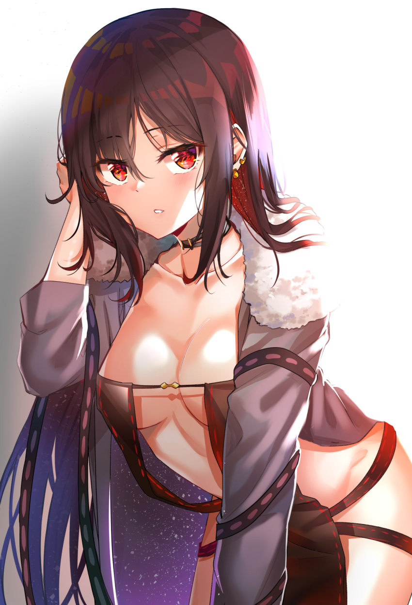 1girl arm_support bangs black_dress breasts brown_hair center_opening choker collarbone commentary consort_yu_(fate) cowboy_shot dress earrings eyebrows_visible_through_hair fate/grand_order fate_(series) fur-trimmed_jacket fur_collar fur_trim hair_flip highres jacket jewelry leaning_forward long_hair looking_at_viewer medium_breasts navel parted_lips piercing red_eyes revealing_clothes sidelocks solo sunhyun very_long_hair