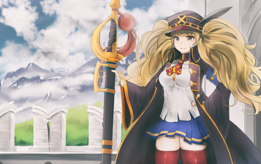 1girl bandaid bandaid_on_face black_legwear blonde_hair braco clouds cloudy_sky coat cowboy_shot day granblue_fantasy grey_eyes hand_on_hip hat hat_feather highres long_hair long_sleeves monica_weisswind mountain parted_lips sheath sheathed skindentation sky solo standing thigh-highs twintails wide_sleeves