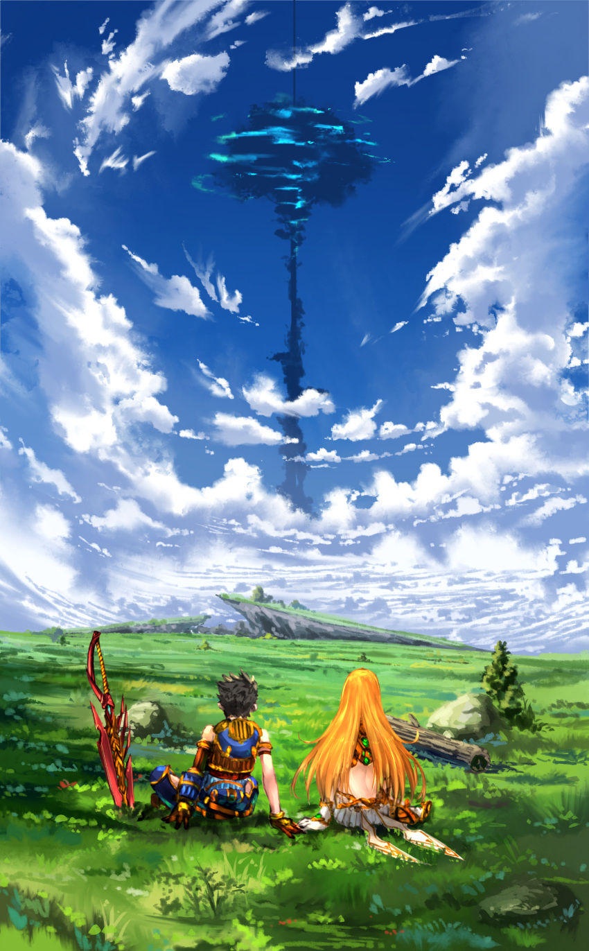 1boy 1girl absurdres arm_at_side arm_support armlet ass blue_sky brown_gloves brown_hair bush clouds commentary_request day error field from_behind gloves grass highres mythra_(xenoblade) nintendo planted_sword planted_weapon poteto_(potetosarada123) rex_(xenoblade_2) rock scenery short_hair sitting sky sword touching tree weapon xenoblade_(series) xenoblade_2