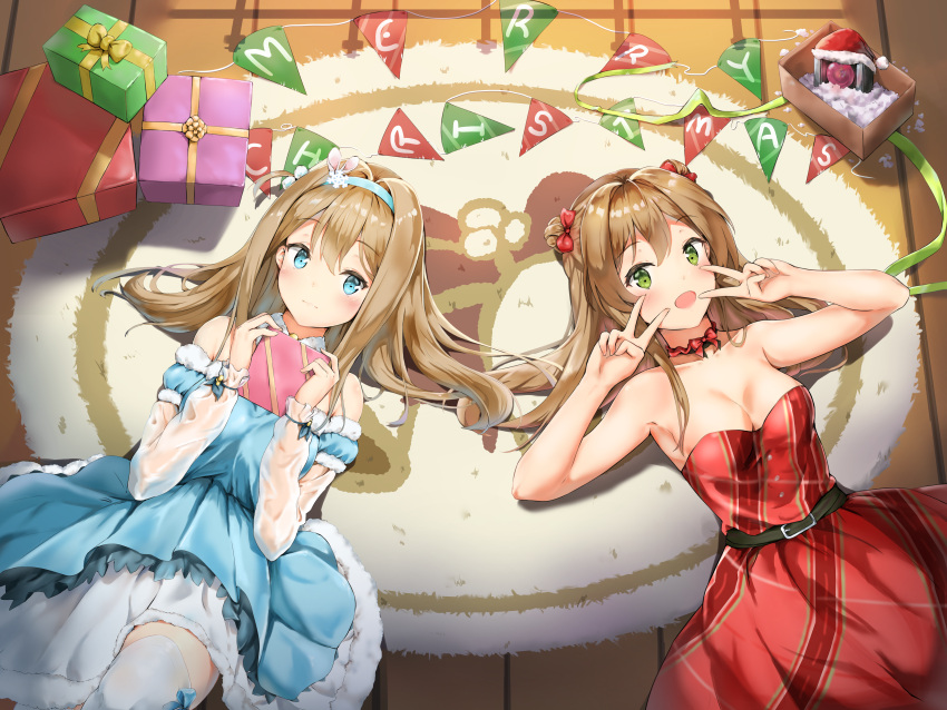 2girls absurdres ahoge alternate_costume bangs bare_shoulders belt blue_dress blue_eyes blush bow bowtie breasts brown_hair buckle carpet choker christmas cleavage closed_mouth collarbone detached_sleeves double_bun double_v dress eyebrows_visible_through_hair fur-trimmed_dress fur_trim gift girls_frontline green_eyes hair_between_eyes hair_bow hair_ornament hairband highres holding holding_gift huge_filesize knee_up layered_dress long_hair looking_at_viewer lying medium_breasts merry_christmas multiple_girls on_back open_mouth qoray7 red_bow red_dress rfb_(girls_frontline) sidelocks smile snowflake_hair_ornament strapless strapless_dress suomi_kp31_(girls_frontline) thigh-highs v white_legwear