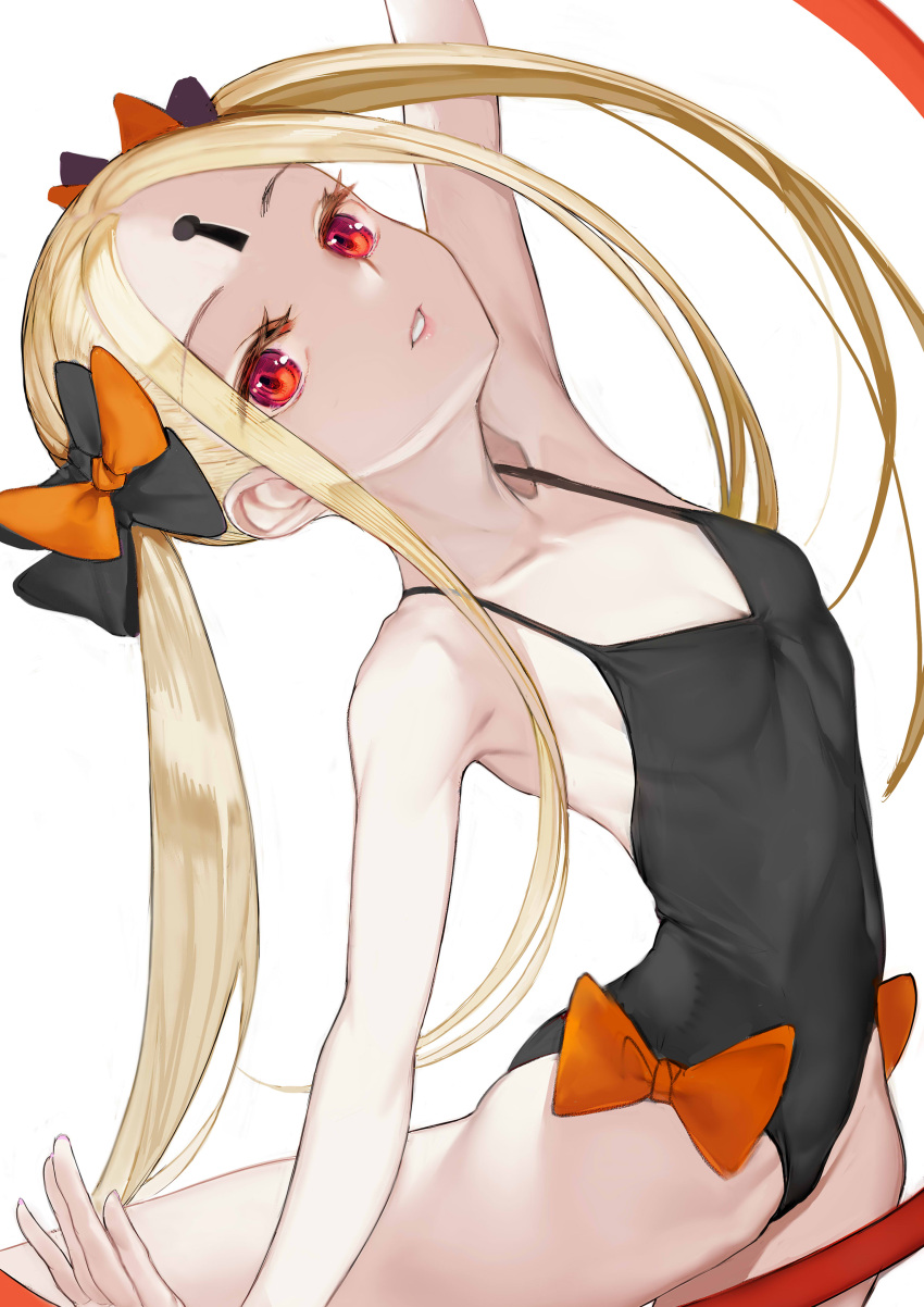 1girl abigail_williams_(fate/grand_order) absurdres arm_up armpits bare_shoulders blonde_hair breasts covered_navel fate/grand_order fate_(series) forehead highres keyhole leotard long_hair looking_at_viewer nyatabe parted_lips red_eyes simple_background small_breasts solo twintails very_long_hair white_background