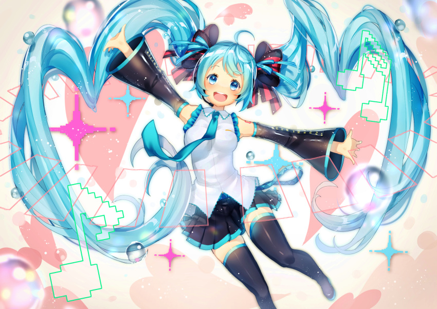 1girl :d absurdres armpits bare_shoulders beamed_eighth_notes black_ribbon blue_eyes blue_hair blue_nails blue_neckwear blue_ribbon blurry breasts bubble depth_of_field detached_sleeves eighth_note eyebrows_visible_through_hair fingernails gradient gradient_background hair_ribbon happy hatsune_miku heart heart_background highres jumping komadori_ui long_hair looking_at_viewer musical_note nail_polish necktie open_mouth outstretched_arms pink_background ribbon shaded_face shirt simple_background skirt sleeveless sleeveless_shirt smile solo sparkle_background thigh-highs thighs twintails upper_teeth very_long_hair vocaloid water_drop white_background white_shirt