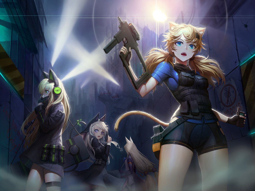4girls adjusting_clothes animal_ears assault_rifle banajune bangs black_coat black_gloves black_shorts blonde_hair blue_eyes blue_shirt blush bow breasts brown_hair bushman_idw cat_ear_headphones cat_ears cat_tail character_name covered_mouth cross dress eyebrows_visible_through_hair finger_on_trigger fingerless_gloves floating_hair g41_(girls_frontline) girls_frontline gloves green_eyes gun h&amp;k_g41 habit hair_between_eyes hair_ornament hairclip handgun headphones heckler_&amp;_koch holding holding_gun holding_walkie-talkie holding_weapon idw_(girls_frontline) jacket leotard lights long_hair long_sleeves looking_at_viewer low-tied_long_hair low_twintails medium_breasts mod3_(girls_frontline) multiple_girls night nun open_mouth outdoors p7 p7_(girls_frontline) pistol pouch ribbon rifle ruins shirt shorts sidelocks silver_hair small_breasts snap-fit_buckle steyr_tmp submachine_gun tactical_clothes tail tail_ribbon thigh-highs thigh_strap tmp_(girls_frontline) twintails very_long_hair vest violet_eyes walkie-talkie weapon weapon_case wind