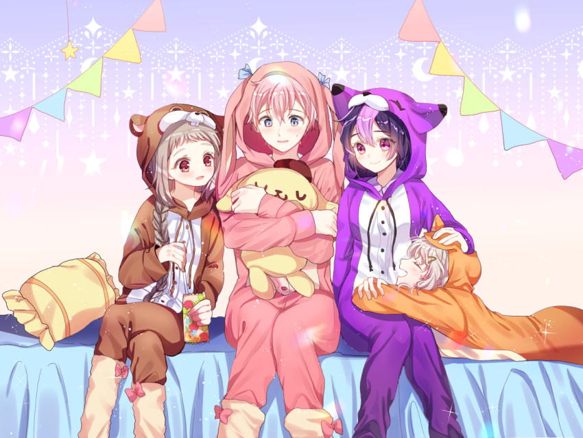 1boy 3girls :d animal_ears animal_hood bed blue_eyes blue_ribbon blush bow braid brown_hair brown_pajamas bunny_hood bunny_pajamas closed_eyes crescent dabi_(dabibubi) feet_out_of_frame frilled_pillow frills hair_ornament hairclip hand_on_another's_head hood jumpsuit legs_crossed long_hair long_sleeves multicolored_hair multiple_girls object_hug on_bed open_mouth orange_pajamas original pajamas parted_lips pennant pillow pink_bow pink_hair pink_pajamas profile purple_hair purple_pajamas rabbit_ears red_eyes ribbon silver_hair sitting sitting_on_bed smile sparkle star streaked_hair string_of_flags stuffed_animal stuffed_bunny stuffed_toy very_long_hair violet_eyes wavy_mouth