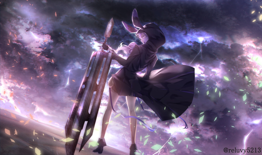 1girl animal_hood bangs black_gloves black_jacket bunny_hood buster_sword clouds cloudy_sky dress expressionless fingerless_gloves from_behind full_body gloves hair_between_eyes hair_ornament hair_ribbon headphones highres holding holding_sword holding_weapon hood hooded_jacket jacket light_particles lightning long_hair looking_at_viewer looking_back open_clothes purple_hair reluvy ribbon sidelocks sky solo sweater sweater_dress sword tsurime twintails twitter_username violet_eyes vocaloid weapon wind wind_lift yuzuki_yukari yuzuki_yukari_(lin)