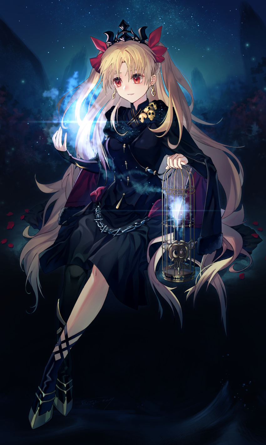 1girl absurdres bangs birdcage black_cape black_dress black_footwear blonde_hair breasts cage cape chains commentary_request crown diffraction_spikes dress earrings ereshkigal_(fate/grand_order) fate/grand_order fate_(series) full_body hair_ribbon haizome_senri highres holding jewelry long_hair long_sleeves magic medium_breasts mismatched_footwear night night_sky outdoors parted_bangs parted_lips petals red_eyes red_ribbon ribbon sidelocks single_thigh_boot sitting skull sky sleeves_past_wrists smile solo star_(sky) starry_sky starry_sky_print two_side_up very_long_hair