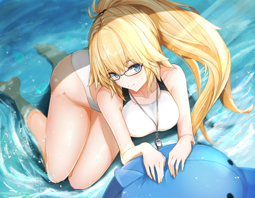 1girl blonde_hair blue_eyes breasts competition_swimsuit fate/grand_order fate_(series) glasses gu_luco highres inflatable_dolphin inflatable_toy jacket jeanne_d'arc_(fate)_(all) jeanne_d'arc_(swimsuit_archer) large_breasts long_hair looking_at_viewer one-piece_swimsuit partially_submerged ponytail smile solo swimsuit water whistle whistle_around_neck white_jacket white_swimsuit