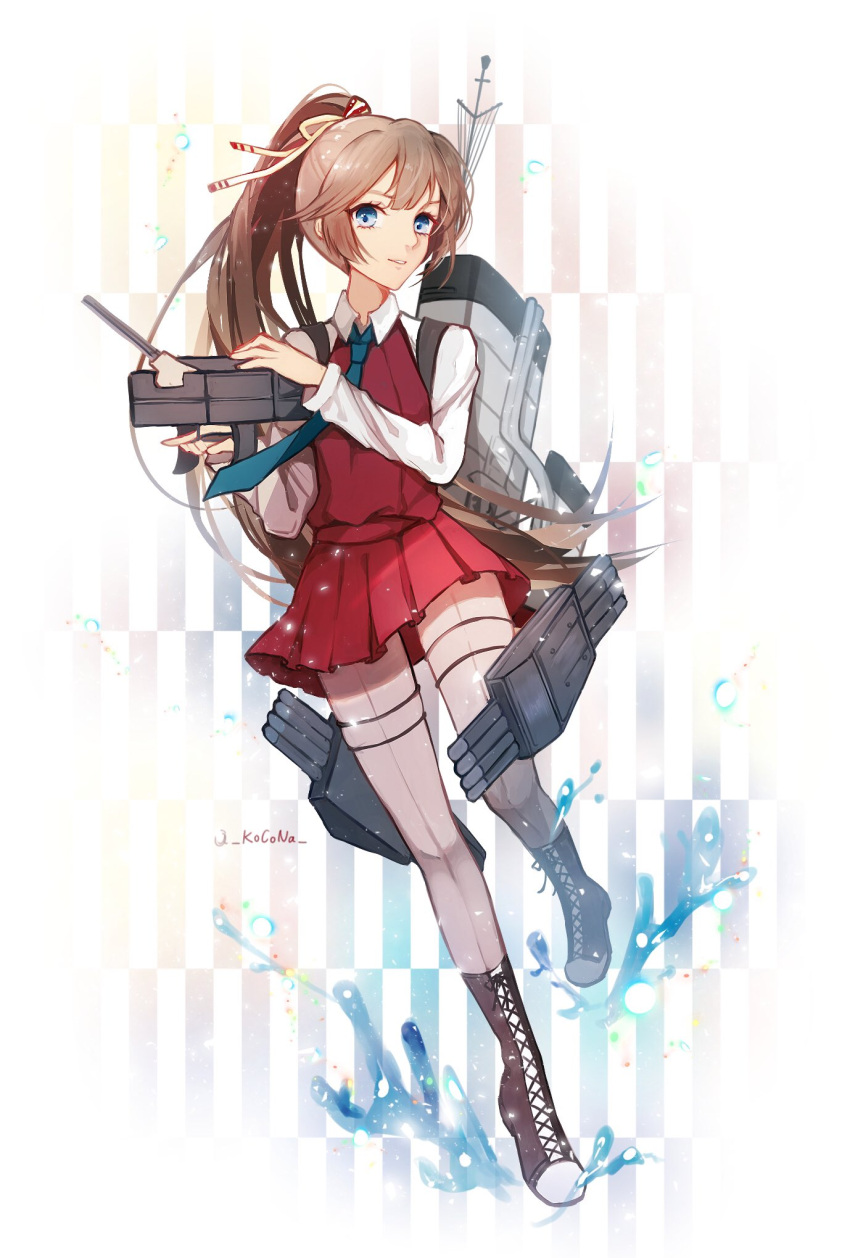 1girl adapted_turret boots brown_hair cannon commentary_request cross-laced_footwear dress full_body green_neckwear grey_eyes grey_legwear hair_ribbon highres kantai_collection kazagumo_(kantai_collection) kocona lace-up_boots long_hair necktie pantyhose ponytail ribbon shirt sleeveless sleeveless_dress smokestack solo turret white_shirt