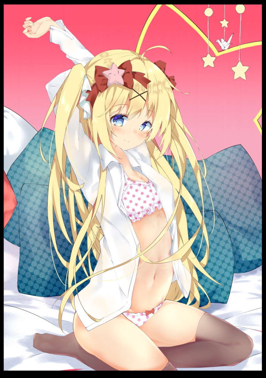 1girl ahoge arms_up bangs bed_sheet black_border blonde_hair blue_eyes blush border bow bow_panties bra breasts brown_legwear cleavage closed_mouth collared_shirt commentary_request copyright_request eyebrows_visible_through_hair hair_between_eyes hair_bow hair_ornament head_tilt highres long_hair long_sleeves navel no_shoes open_clothes open_shirt panties pillow polka_dot print_bra print_panties red_bow seiza shiraki_shiori shirt sidelocks sitting small_breasts smile solo star star_print stomach stretch thigh-highs thighs two_side_up underwear unmoving_pattern very_long_hair white_bra white_panties white_shirt x_hair_ornament