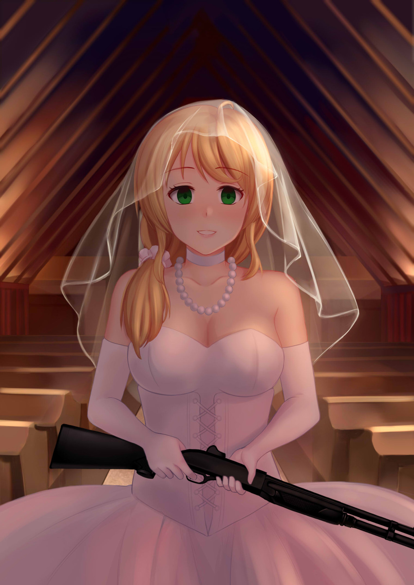 1girl absurdres backlighting bare_shoulders bench benelli_m1014 blank_eyes blonde_hair blood blush breasts bride caucasian chinese_commentary choker church cleavage collarbone corset couple cross-laced_clothes dark dress elbow_gloves ellen_baker empty_eyes engrish_commentary eyebrows eyebrows_visible_through_hair finger_on_trigger gloves green_eyes gun hair_ornament hair_scrunchie head_out_of_frame hetero highres holding holding_gun holding_weapon indoors jewelry large_breasts long_hair looking_at_viewer low_ponytail mixed-language_commentary moegirlstudio necklace new_horizon non-asian pearl_necklace pew profanity revision scrunchie see-through see-through_silhouette shotgun solo strapless strapless_dress text_focus underbust veil weapon wedding wedding_dress white_choker white_corset white_gloves white_scrunchie yandere