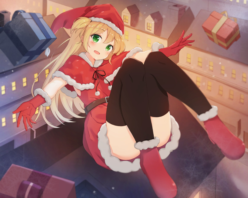1girl :d absurdres armpit_peek ass bangs belt belt_buckle black_legwear black_ribbon blonde_hair blush buckle building capelet chimney christmas commentary dress english_commentary eyebrows_visible_through_hair full_body gift gloves green_eyes hat head_tilt highres knees_up long_hair looking_at_viewer midair open_mouth original outdoors outstretched_arms pom_pom_(clothes) red_capelet red_dress red_footwear red_gloves red_hat ribbon santa_costume santa_hat shoes sidelocks sleeveless sleeveless_dress smile snowing solo thigh-highs two_side_up window xue_lu
