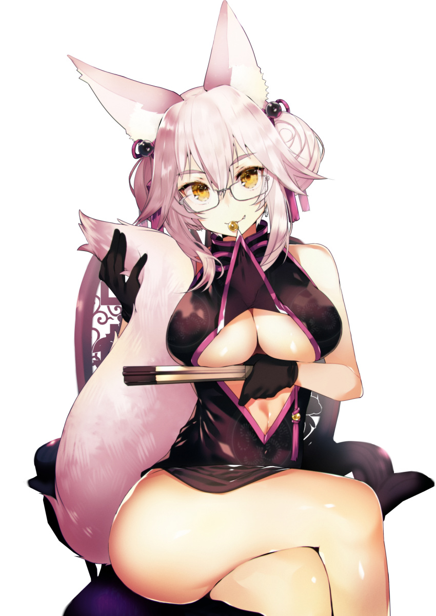 1girl animal_ear_fluff animal_ears bangs bare_shoulders bell black_dress black_gloves blush breasts center_opening chair china_dress chinese_clothes closed_mouth dress fan fate/grand_order fate_(series) folding_fan fox_ears fox_girl fox_tail glasses gloves hair_between_eyes highres hips jingle_bell koyanskaya large_breasts long_hair looking_at_viewer mouth_hold navel pink_hair sidelocks simple_background sitting smile solo tail tassel tetsubuta thighs tied_hair under_boob white_background yellow_eyes