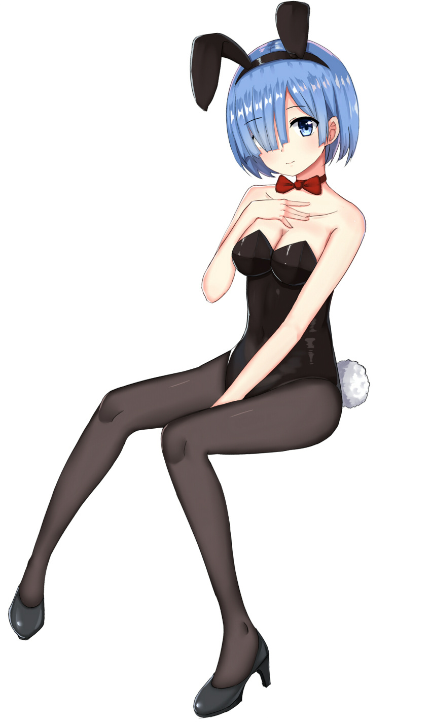 1girl animal_ears between_legs black_footwear black_hairband black_legwear black_leotard blue_eyes blue_hair bow bowtie breasts bunny_tail bunnysuit choker cleavage collarbone fake_animal_ears full_body hair_over_one_eye hairband hand_between_legs hand_on_own_chest high_heels highres invisible_chair kapamiao leotard looking_at_viewer medium_breasts pantyhose rabbit_ears re:zero_kara_hajimeru_isekai_seikatsu red_bow red_neckwear rem_(re:zero) shiny shiny_hair short_hair simple_background sitting solo striped_leotard tail white_background