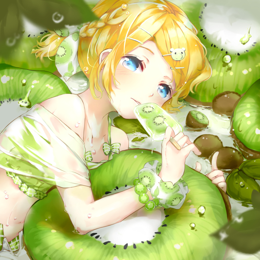 1girl animal_hair_ornament bare_shoulders bikini bikini_under_clothes blonde_hair blue_eyes blurry bow bracelet braid collarbone depth_of_field dew_drop dripping eating flat_chest food food_print french_braid frilled_bikini frills fruit giant_food hair_bow hair_ornament hairclip highres ice_cream jewelry kagamine_rin kiwi_slice kiwifruit leaf looking_at_viewer lying midriff on_side open_clothes open_shorts oyamada_(pi0v0jg) oyamada_gamata parted_lips popsicle scrunchie see-through shirt short_hair short_ponytail shorts side_braid solo swimsuit swimwear tareme vocaloid water_drop wet wet_clothes wet_shirt wrist_scrunchie