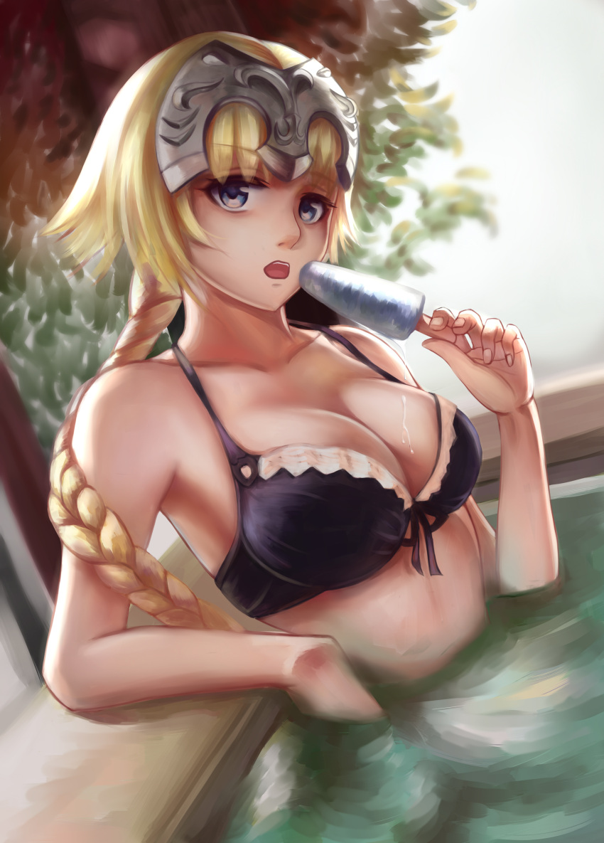 1girl :o absurdres bangs bath blonde_hair braid breasts cleavage collarbone dutch_angle eyebrows_visible_through_hair fate/grand_order fate_(series) food headpiece highres jeanne_d'arc_(fate)_(all) jeanne_d'arc_(swimsuit_archer) large_breasts long_braid long_hair looking_at_viewer partially_submerged popsicle purple_bikini_top single_braid solo violet_eyes yafura