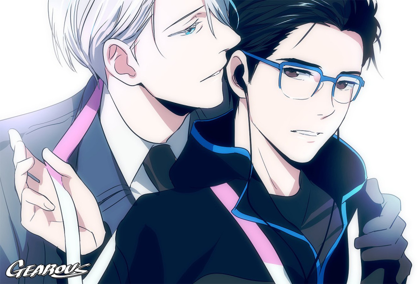 2boys black_hair black_neckwear blue-framed_eyewear blue_eyes blue_jacket brown_eyes collared_shirt commentary_request formal gearous hair_over_one_eye hair_slicked_back hand_on_another's_shoulder jacket katsuki_yuuri male_focus multiple_boys parted_lips shirt short_hair silver_hair suit track_jacket viktor_nikiforov yaoi yuri!!!_on_ice