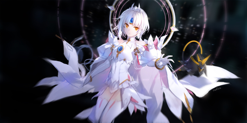 1girl artist_name bangle bangs bare_shoulders black_background blurry bracelet breasts closed_mouth code:_esencia_(elsword) drone elbow_gloves elsword eve_(elsword) expressionless facial_mark forehead_jewel gloves head_tilt highres jewelry long_hair looking_at_viewer moby_(elsword) negative_space orange_eyes outstretched_hand parted_bangs remy_(elsword) shirt shoulder_armor showgirl_skirt simple_background skirt sleeveless sleeveless_shirt small_breasts solo swd3e2 thigh-highs tiara turtleneck white_gloves white_hair white_legwear white_shirt white_skirt zettai_ryouiki