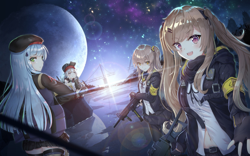 404_(girls_frontline) 4girls armband assault_rifle bangs beret black_bow black_hat black_jacket black_legwear black_ribbon black_shorts blunt_bangs bow brown_hair closed_mouth coat commentary_request crossed_bangs eyebrows_visible_through_hair fang finger_on_trigger fingerless_gloves from_behind g11_(girls_frontline) girls_frontline gloves green_eyes green_hat green_jacket grey_hair gun h&amp;k_ump h&amp;k_ump45 h&amp;k_ump9 hair_between_eyes hair_ornament hairclip hat heckler_&amp;_koch highres hk416_(girls_frontline) holding holding_gun holding_weapon hood hood_down hooded_jacket jacket knee_pads long_hair long_sleeves looking_at_viewer messy_hair moon multiple_girls navel one_side_up open_clothes open_coat open_jacket pantyhose plaid plaid_skirt revision ribbon rifle scar scar_across_eye scarf_on_head shirt shorts shoulder_cutout silver_hair sitting skirt sky smile standing star_(sky) starry_sky strap submachine_gun synn032 thigh-highs trigger_discipline ump45_(girls_frontline) ump9_(girls_frontline) weapon white_shirt