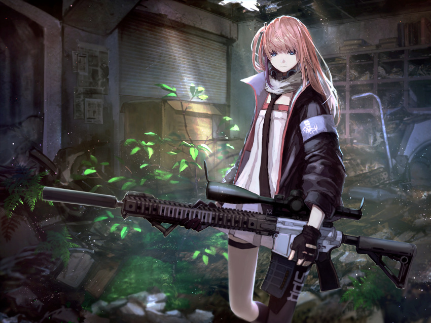 1girl absurdres ar-15 assault_rifle bangs black_neckwear blue_eyes breasts closed_mouth clothes_writing dress dust_particles eyebrows_visible_through_hair fingerless_gloves girls_frontline gloves gun hair_between_eyes hair_ornament hashimoto_kokai highres holding holding_gun holding_weapon huge_filesize indoors jacket light_rays long_hair looking_at_viewer magpul multicolored_hair necktie one_side_up open_clothes open_jacket pink_hair plant rifle scarf side_ponytail sidelocks single_thighhigh small_breasts solo st_ar-15_(girls_frontline) streaked_hair thigh-highs thigh_strap tree weapon