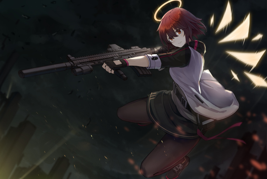 1girl arknights chinese_commentary commentary_request exusiai_(arknights) fingerless_gloves gloves gun halo holding holding_gun holding_weapon mag_(mag42) night outdoors pantyhose red_eyes redhead solo suppressor weapon wings