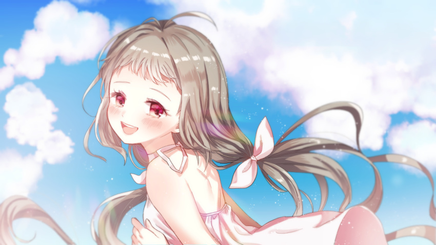 1girl :d ahoge bare_shoulders blue_sky blush brown_hair clouds cloudy_sky dabi_(dabibubi) day dress hair_ribbon hand_up head_tilt long_hair looking_at_viewer looking_to_the_side low_twintails open_mouth original outdoors pink_dress pink_ribbon red_eyes ribbon round_teeth sky smile solo teeth twintails upper_teeth very_long_hair